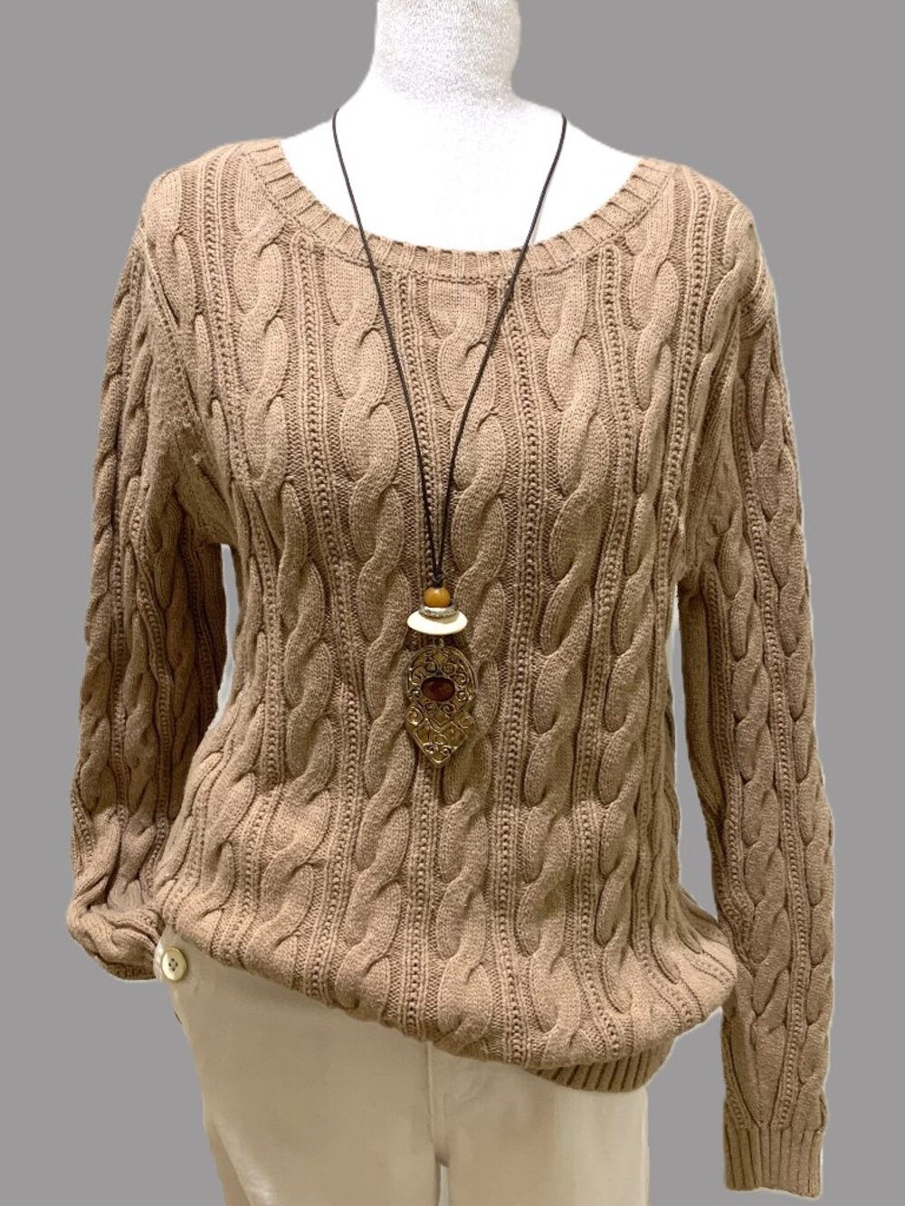 Lands'End Cable‑Knit Sweater Women Brown Long Sleeves 100% Cotton Size M